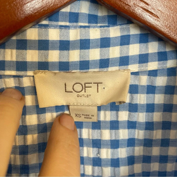 LOFT Women’s Button Down Gingham Blue White Short Sleeve Top Size XS - Picture 3 of 12